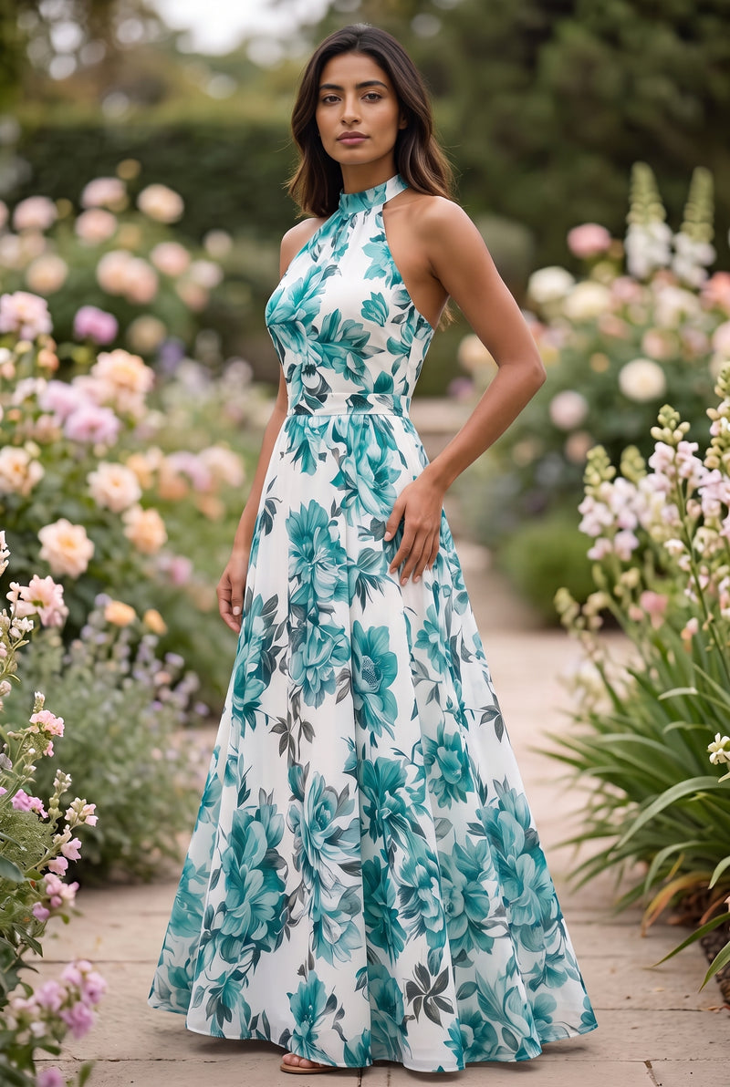 Maxikleid mit Blumenmuster und Neckholder in Grün – Foto 4