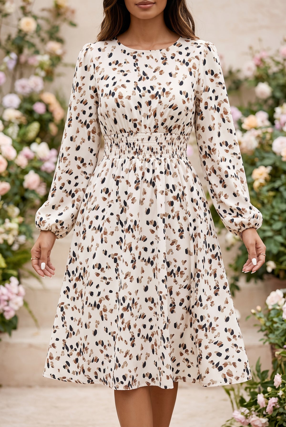 Leopard Print Long Sleeve Midi Dress in beige – photo 5
