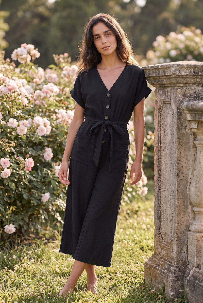 Short Sleeve V Neck Wide Leg Jumpsuit in black