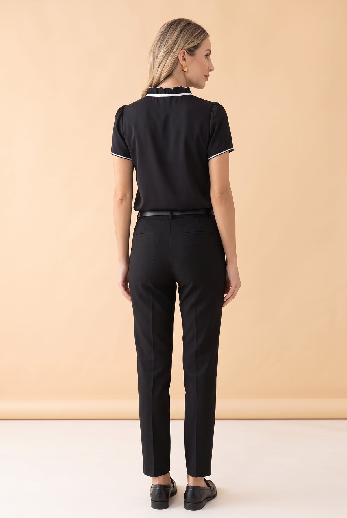 Ruffled Short Sleeve Tie Neck Crepe Blouse in black – photo 4
