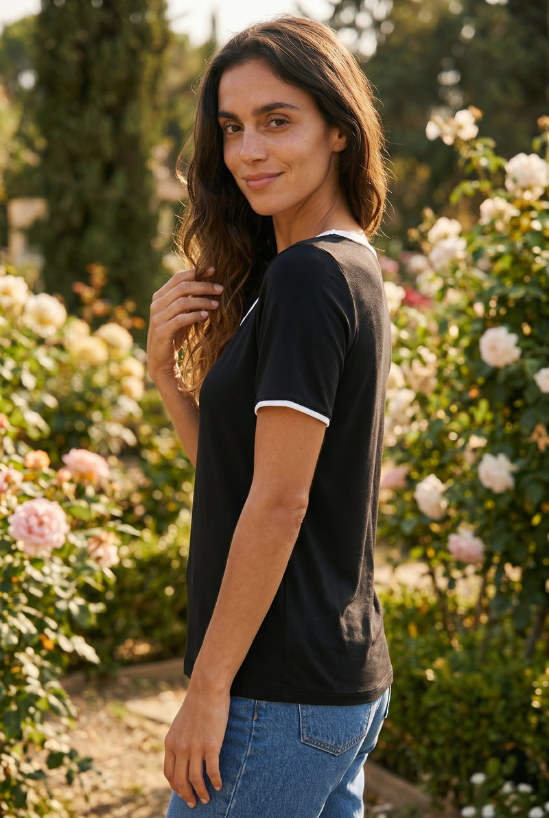 Short Sleeve Round Neck Viscose Top with Contrast Trim in black – photo 2