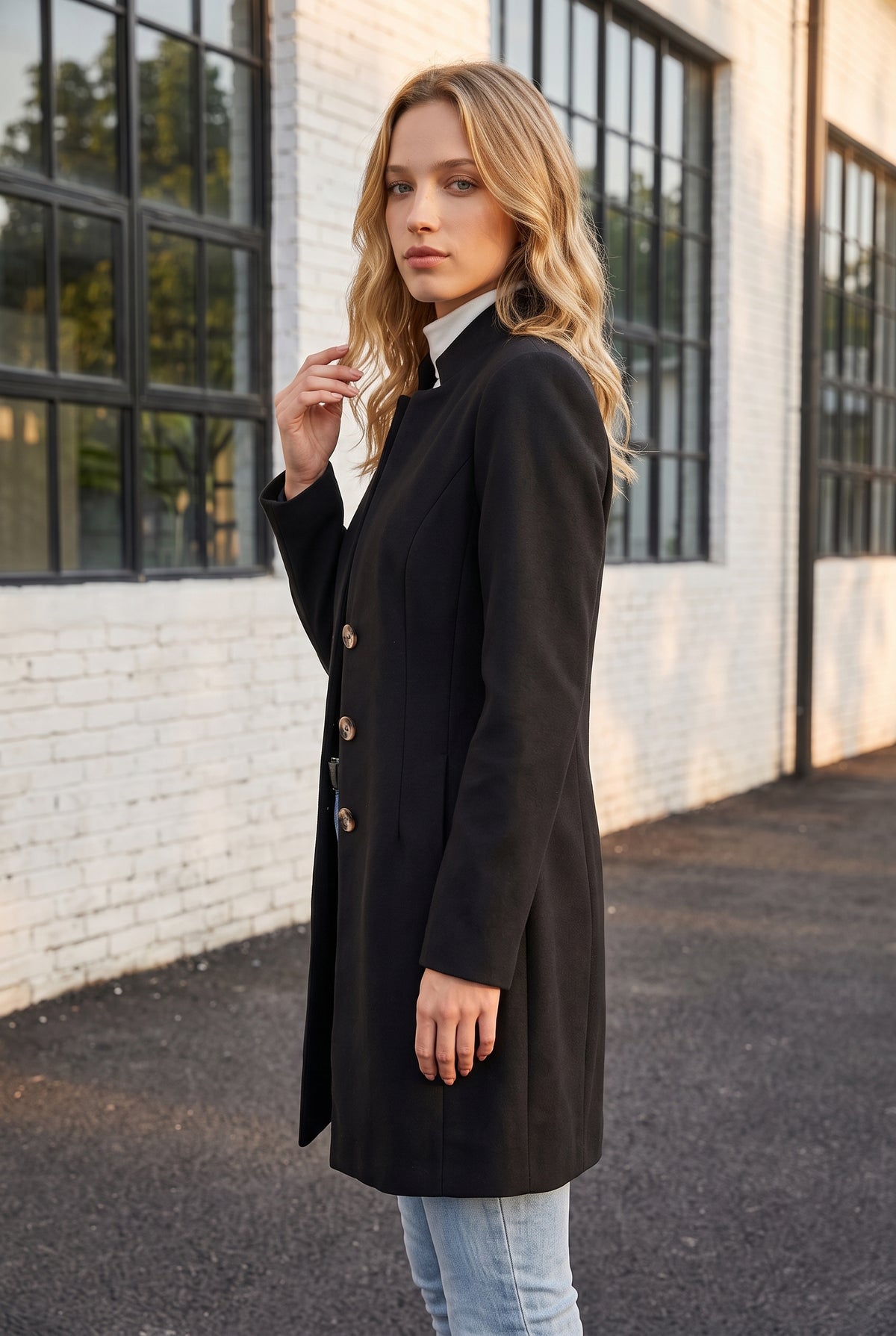 Black Buttoned Coat with Mandarin Collar and Long Sleeves – photo 2