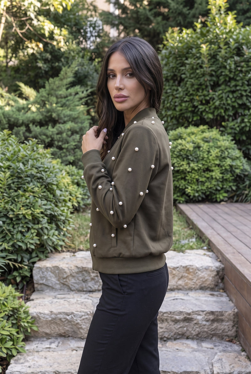 Khaki Long Sleeve Zip Front Pearl Embellished Jacket – photo 2