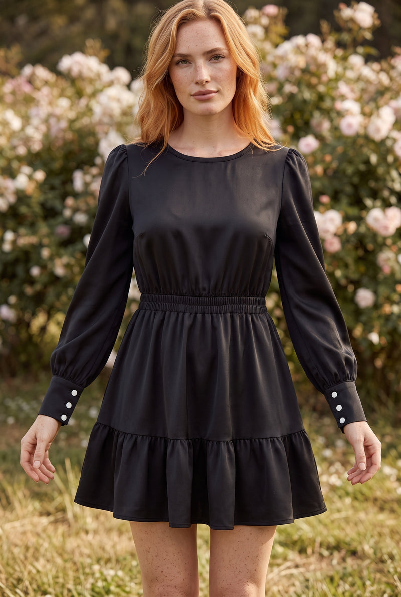 Langarm Minikleid mit Gummizug und Volants in Schwarz – Foto 5