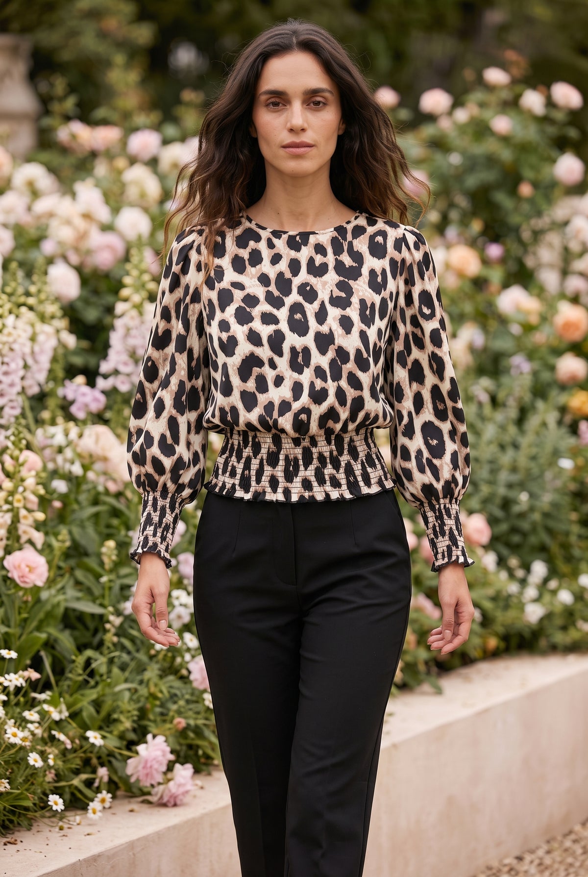 Leopard Print Long Sleeve Top with Smocked Waist – photo 3