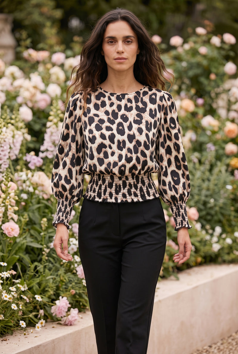 Leopard Print Long Sleeve Top with Smocked Waist – photo 3