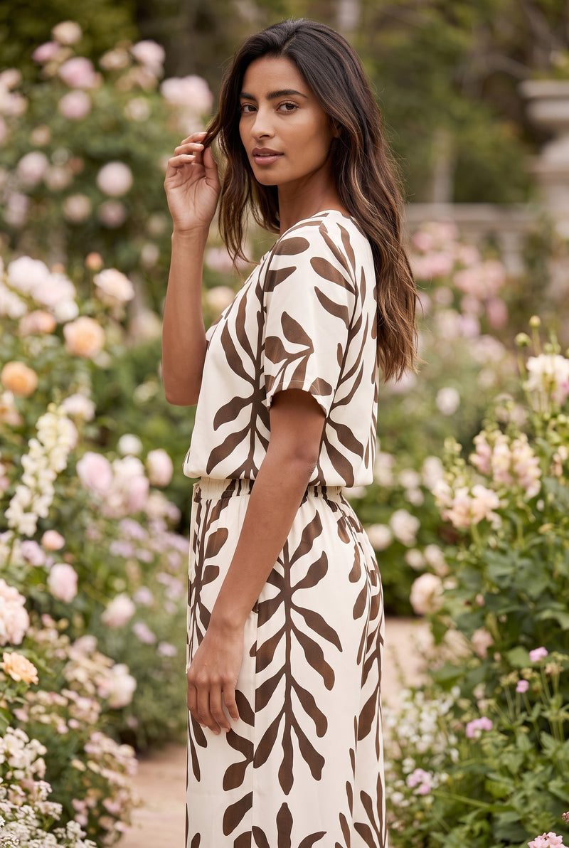 Brown Printed Short Sleeve Wide Leg Jumpsuit – photo 2