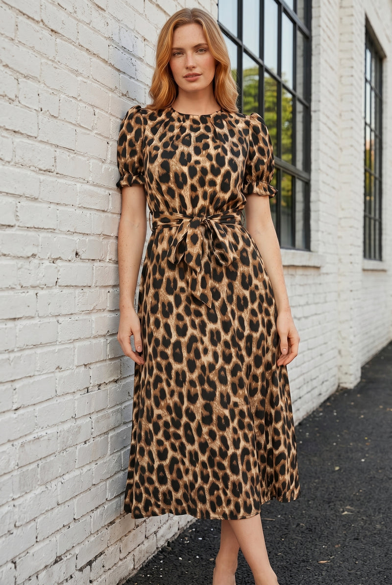 Leopard Print Midi Dress with Short Sleeves