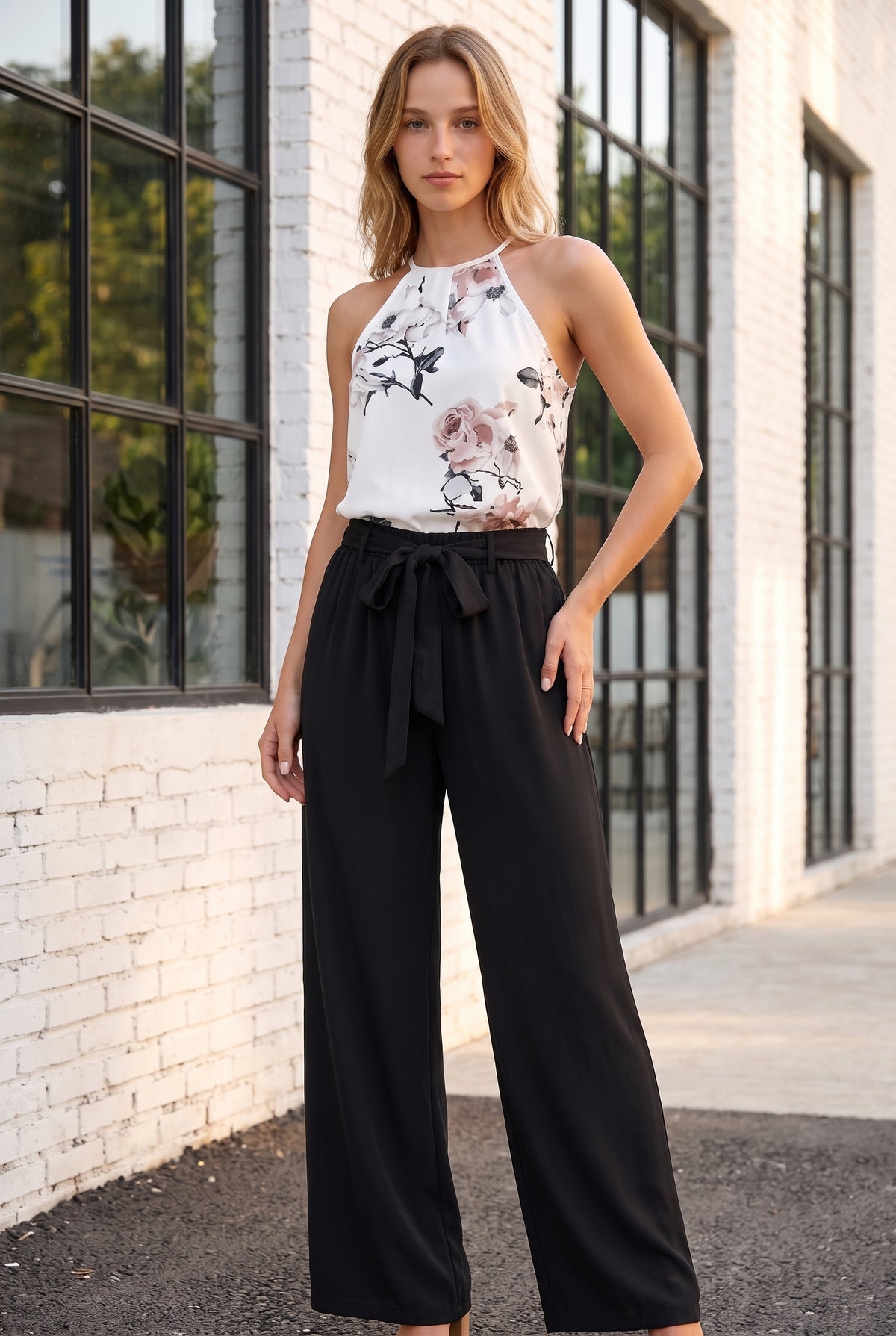 Zweiteiler mit Blumenmuster und Neckholder in Schwarz – Foto 4