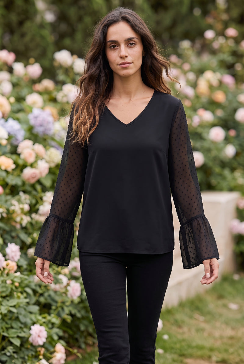 Black Long Sleeve V Neck Top with Polka Dot Sleeves – photo 3