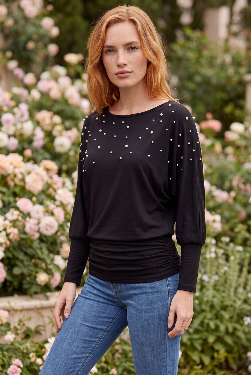 Black Long Sleeve Top with Pearl Embellishment – photo 4