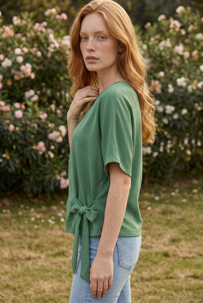 Short Sleeve Round Neck Tie Waist Linen Blend Top in green – photo 2