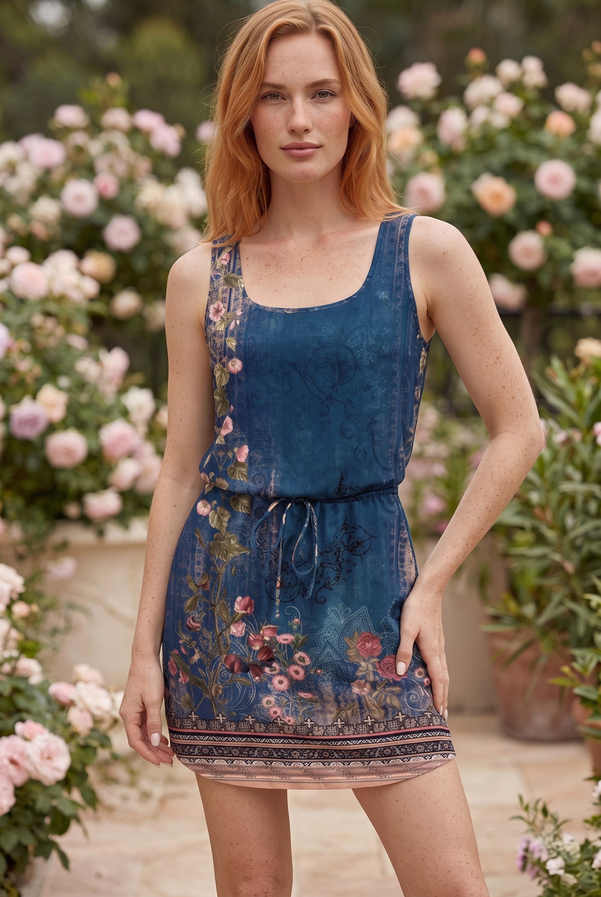 Robe Courte Sans Manches à Motif et Col Rond, coloris bleu marine – photo 4