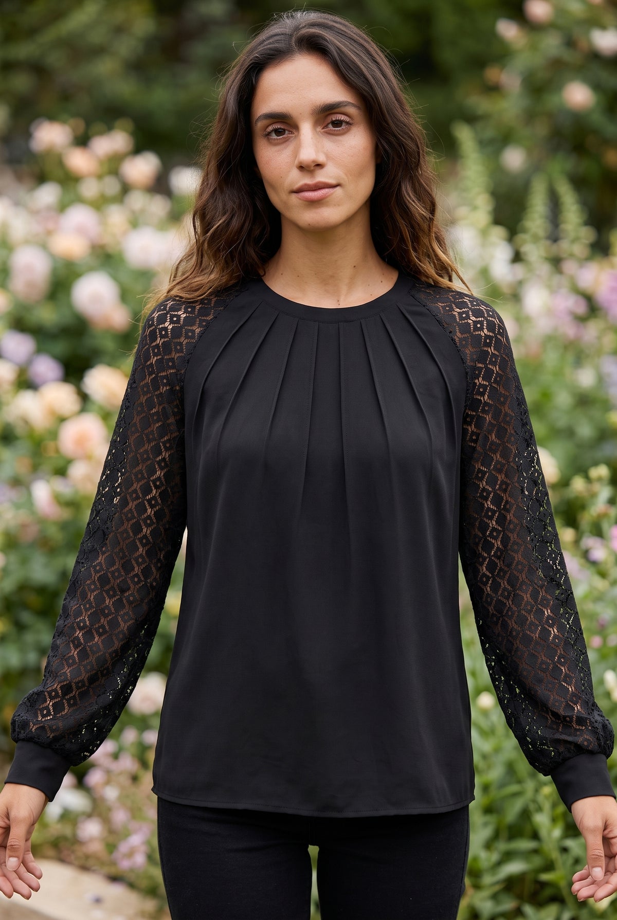 Black Lace Long Sleeve Top with Pleated Front – photo 5
