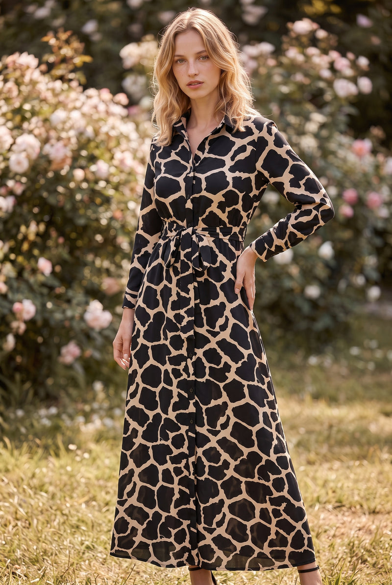 Leopard Print Long Sleeve Maxi Dress with Belt in black – photo 4