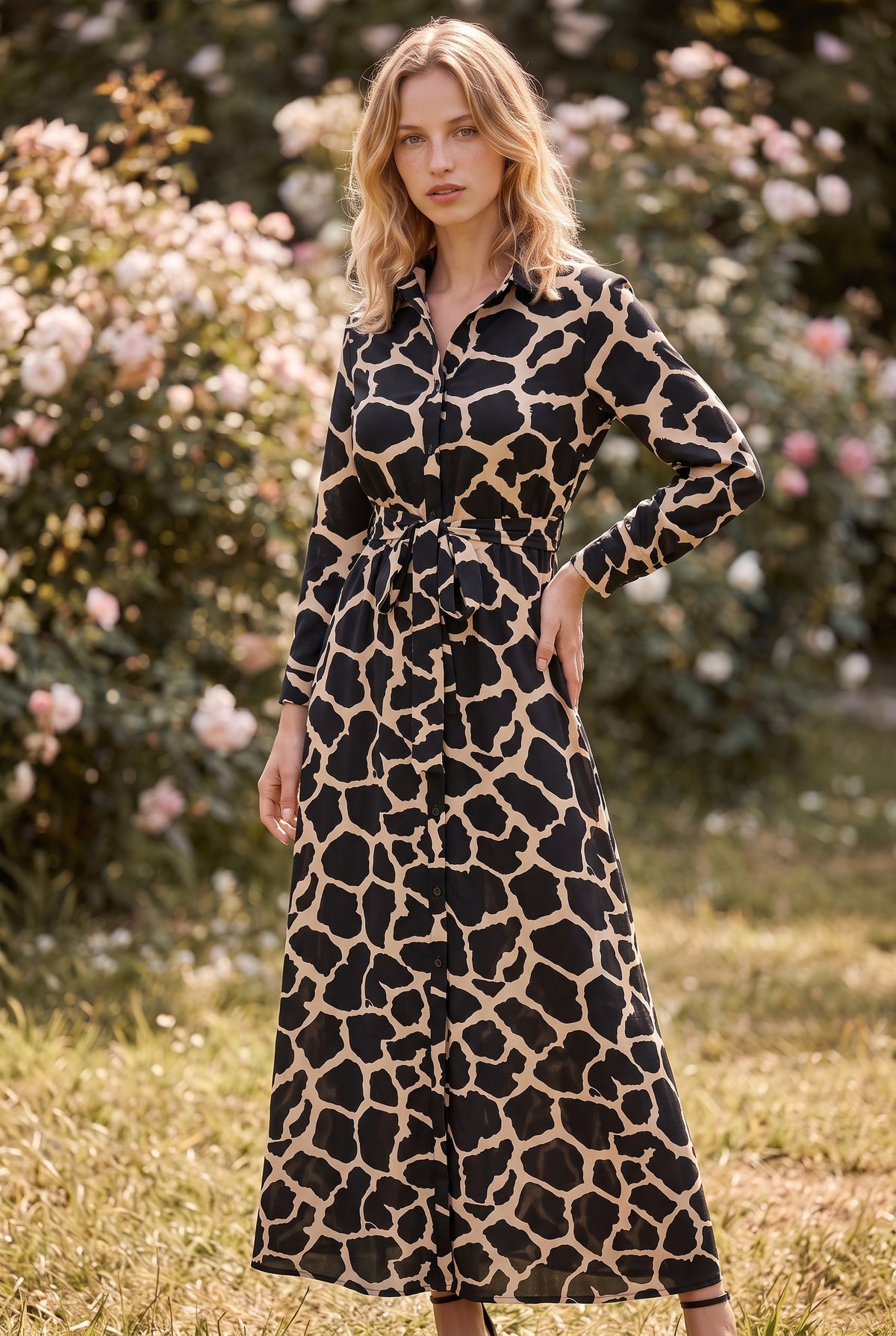 Maxikleid mit Leopardenmuster und Bindegürtel in Schwarz – Foto 4
