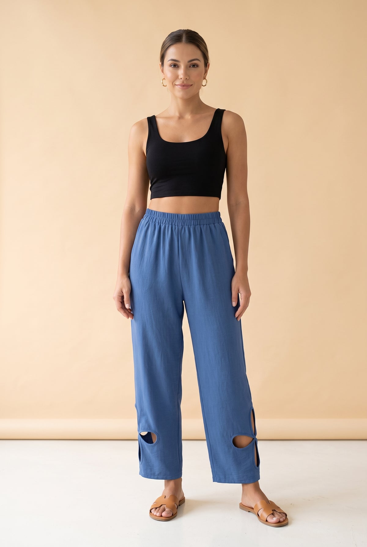 Elasticated Waist Linen Trousers with Cut-Outs in blue