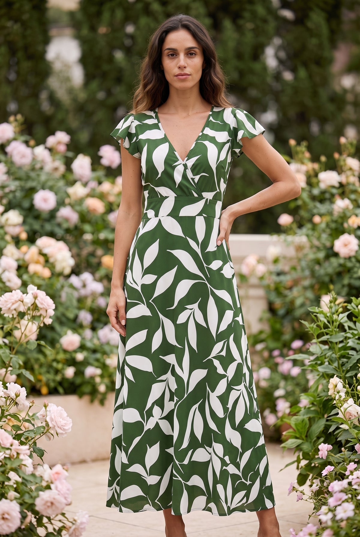 Robe longue à motifs portefeuille à manches courtes, coloris vert 1 – photo 4