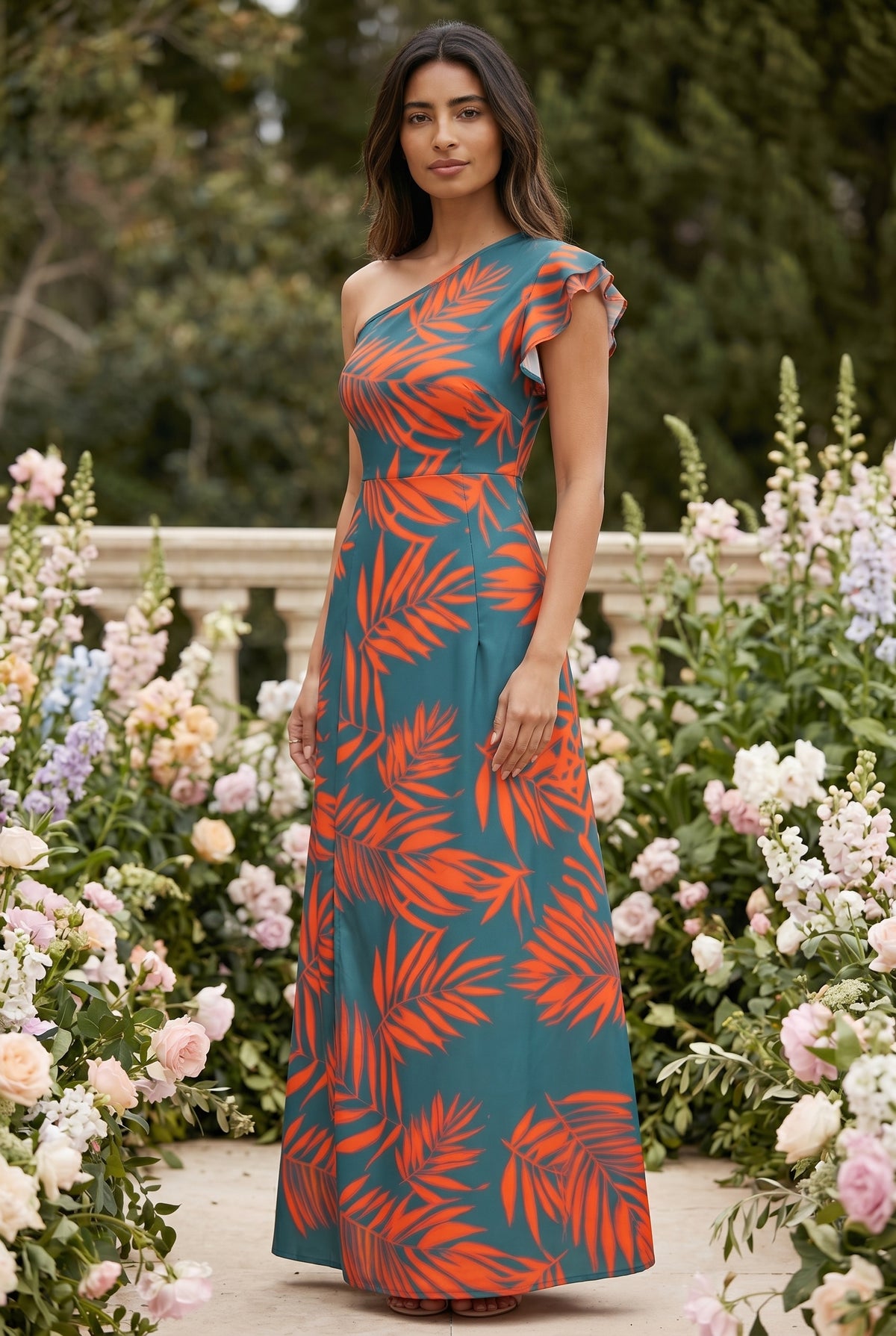 Floral One-Shoulder Maxi Dress with Slit in red – photo 4