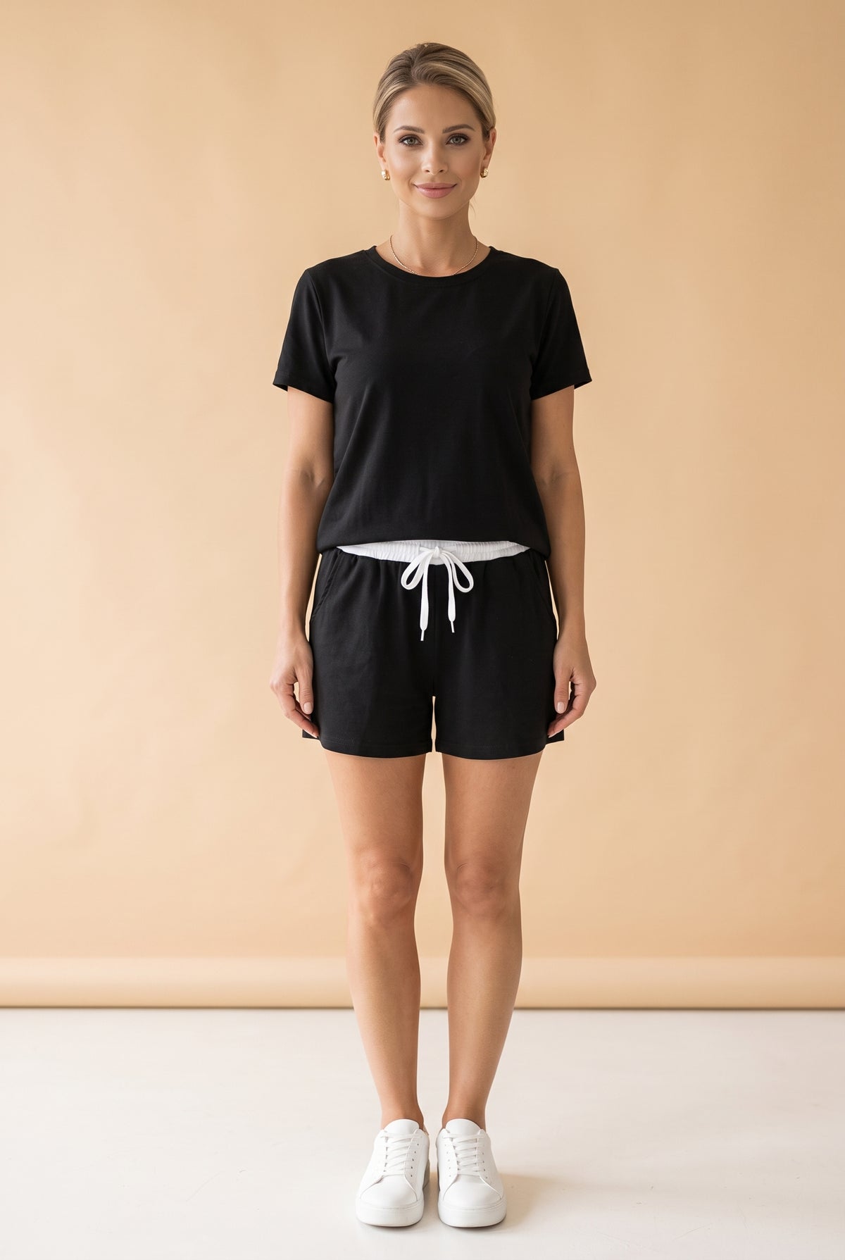 Short Sleeve Viscose Co-ord Set with Contrast Trim in black