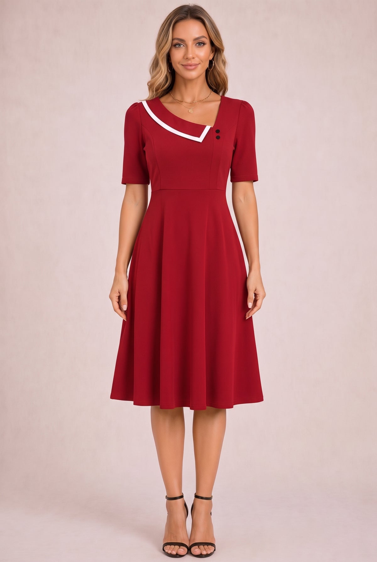 Short Sleeve Asymmetric Neck Midi Dress in red