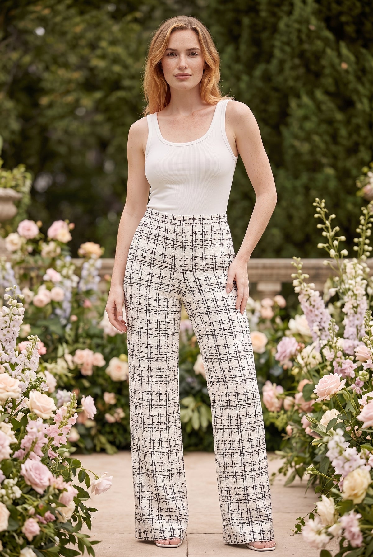 White Checked High Waisted Trousers – photo 4