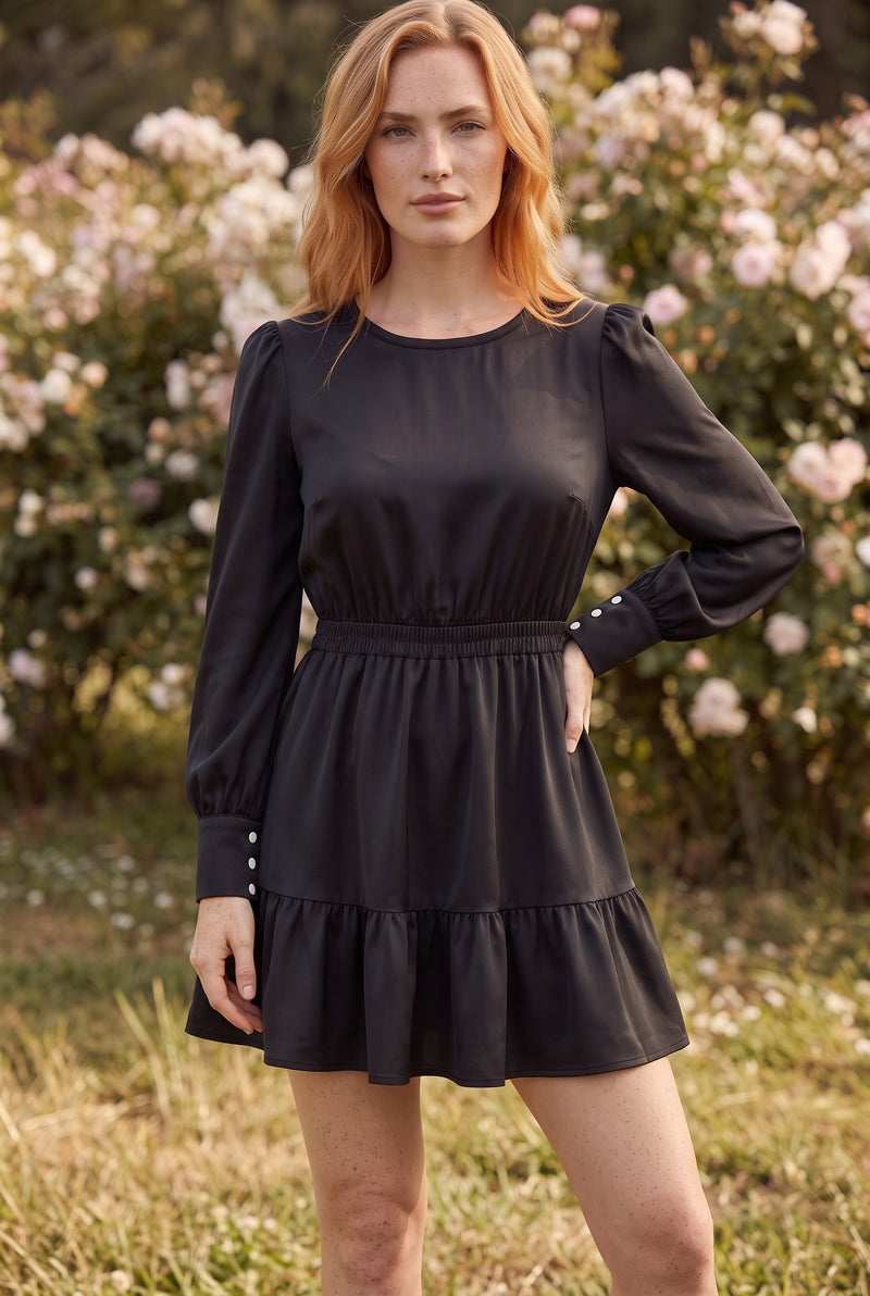 Langarm Minikleid mit Gummizug und Volants in Schwarz – Foto 4