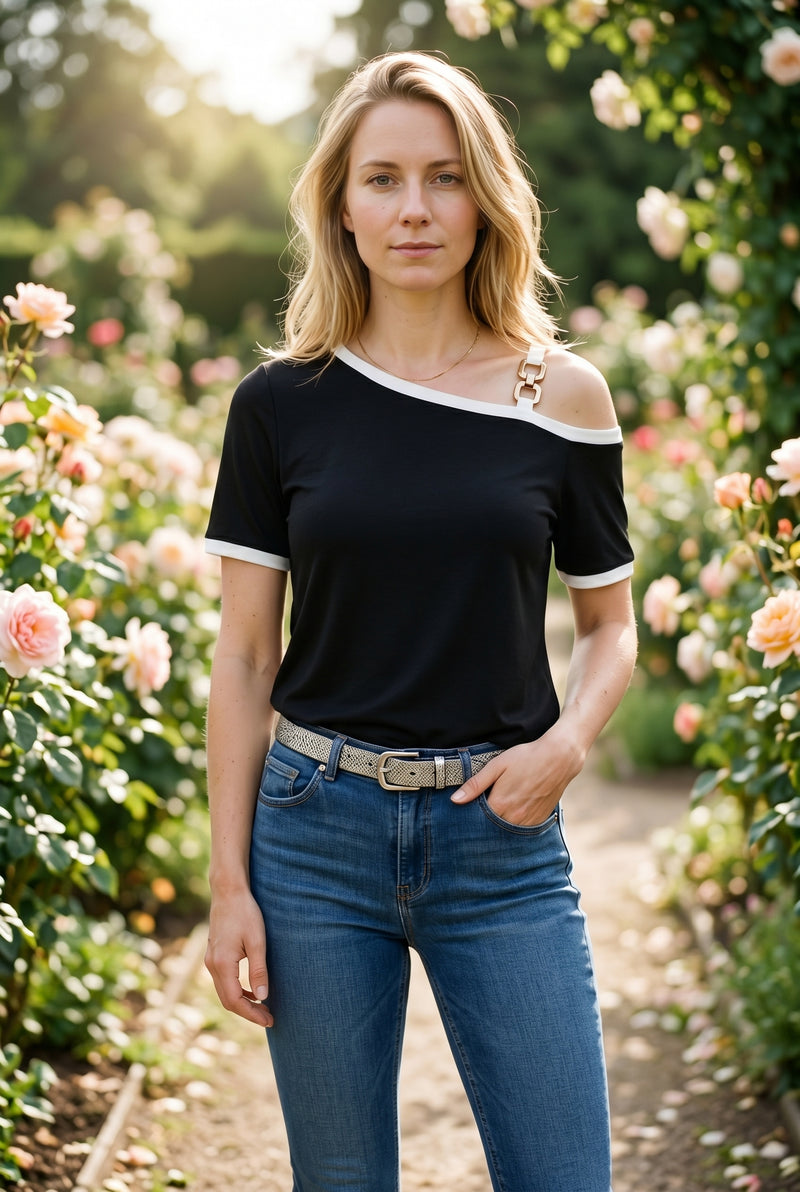 Short Sleeve One Shoulder Viscose Top in black