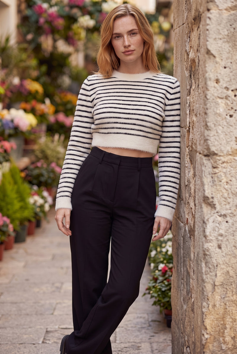 White Striped Long Sleeve Cropped Top