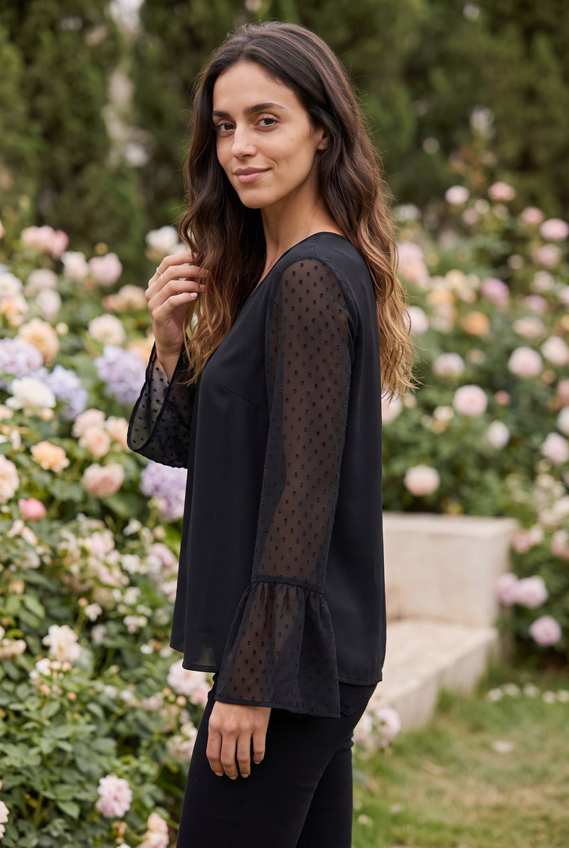 Black Long Sleeve V Neck Top with Polka Dot Sleeves – photo 2