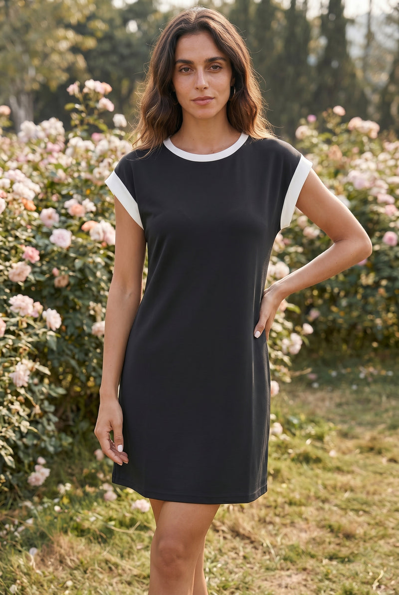 Kurzärmliges Minikleid aus Glitzer-Krepp mit Rundhalsausschnitt in Grau – Foto 2