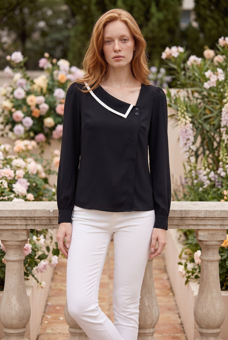 Black Long Sleeve Top with Asymmetric Collar