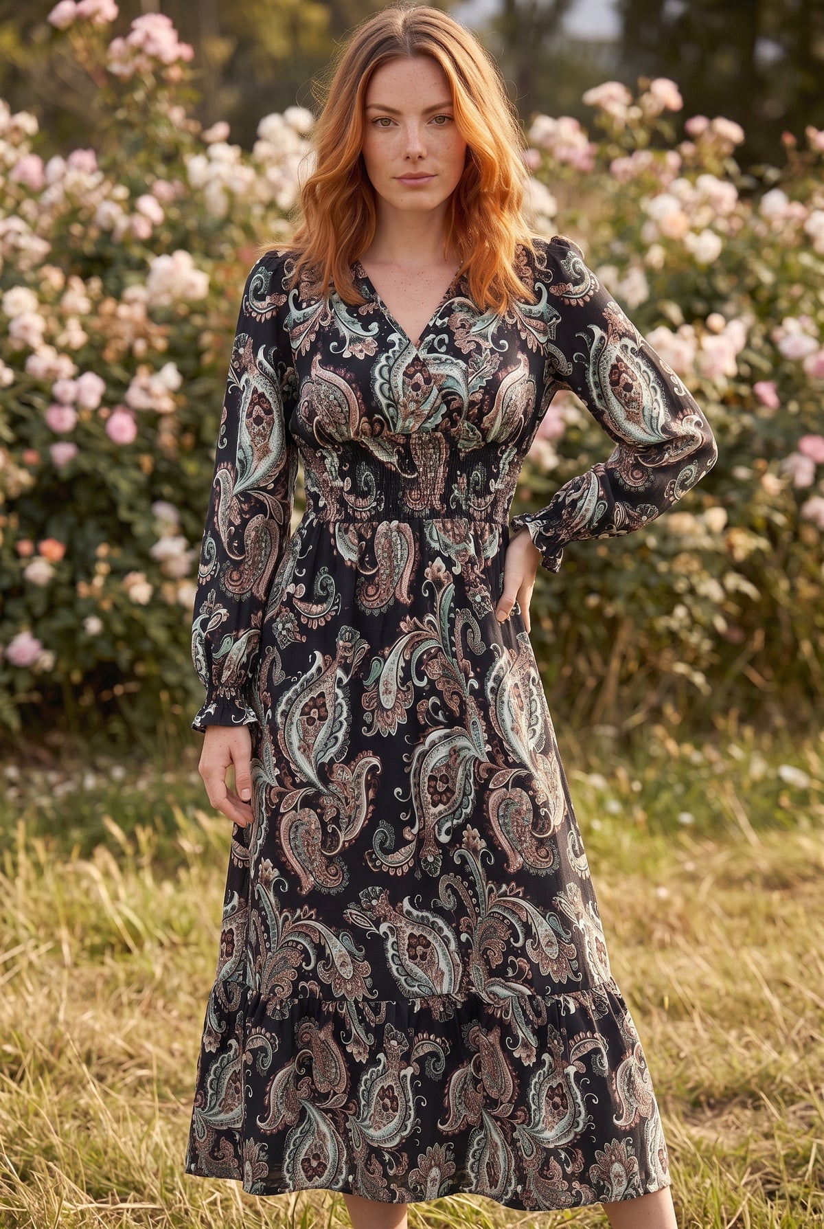 Schwarzes Maxikleid mit Muster und Wickelausschnitt – Foto 4