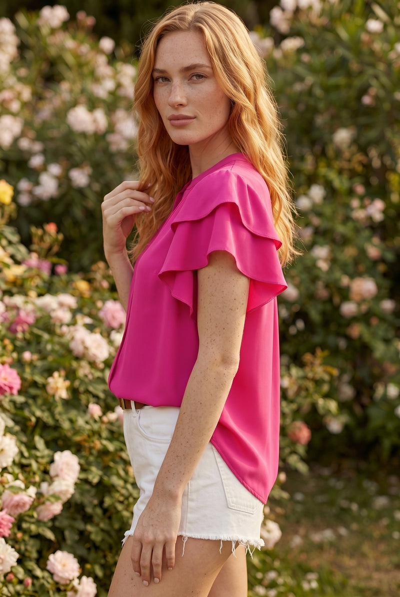 Ruffled Short Sleeve Collared Top in pink – photo 2