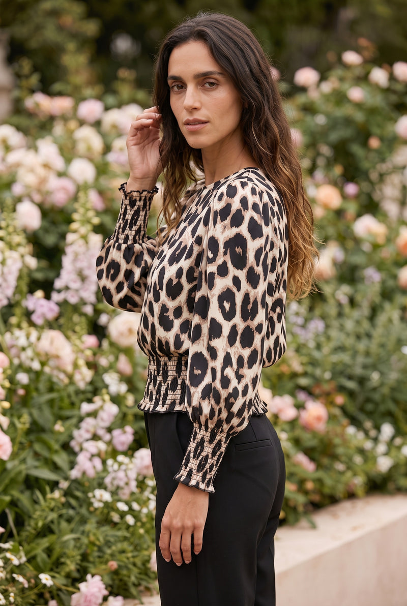 Leopard Print Long Sleeve Top with Smocked Waist – photo 2