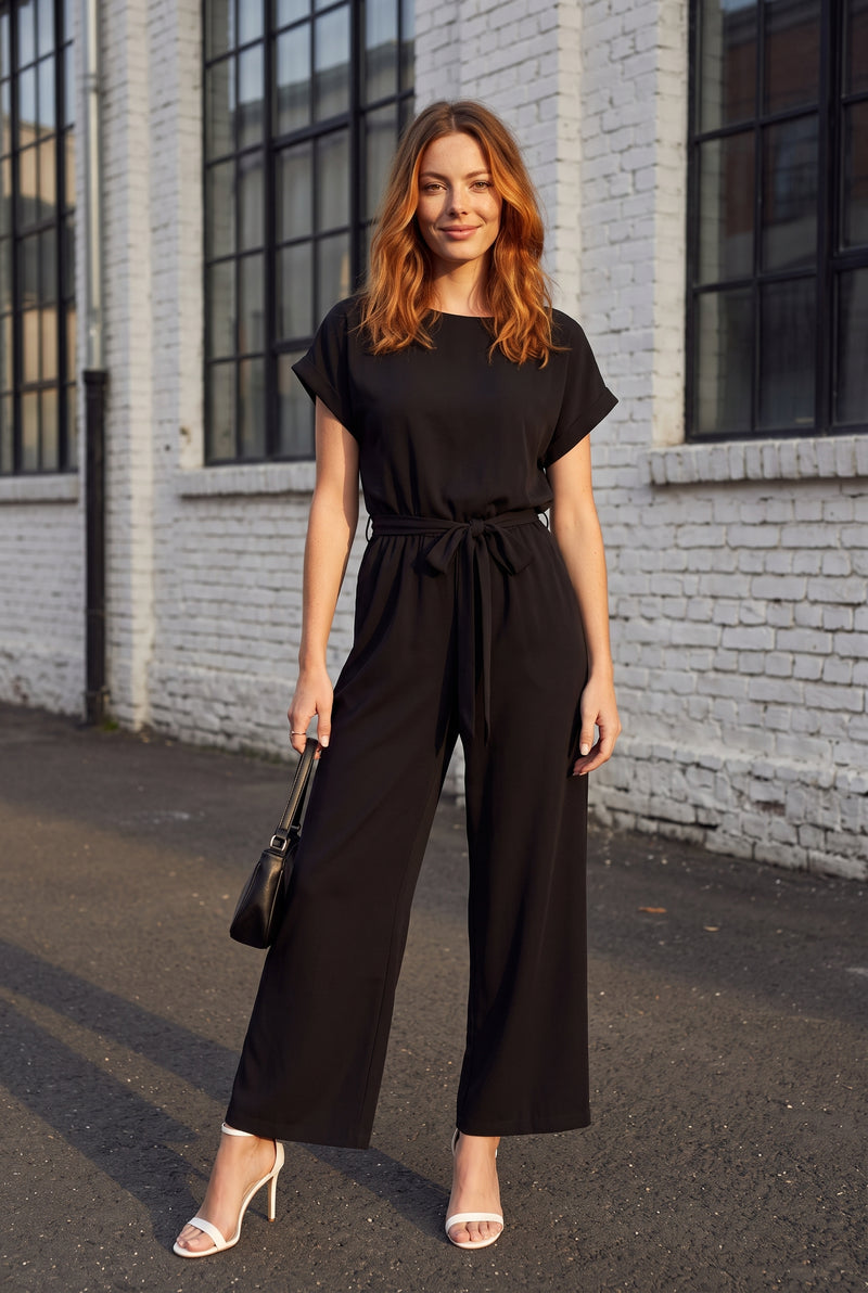 Short Sleeve Wide Leg Jumpsuit with Tie Waist in black – photo 5