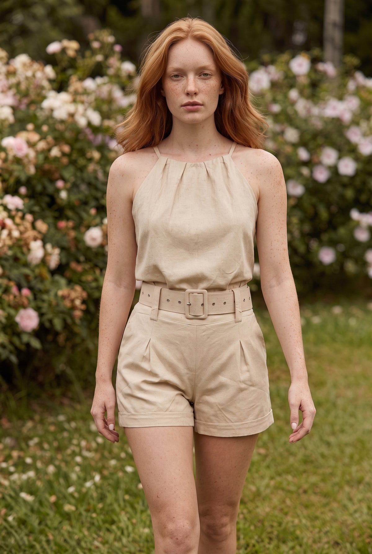 Leinen Set mit Neckholder und Gürtel in Beige – Foto 3
