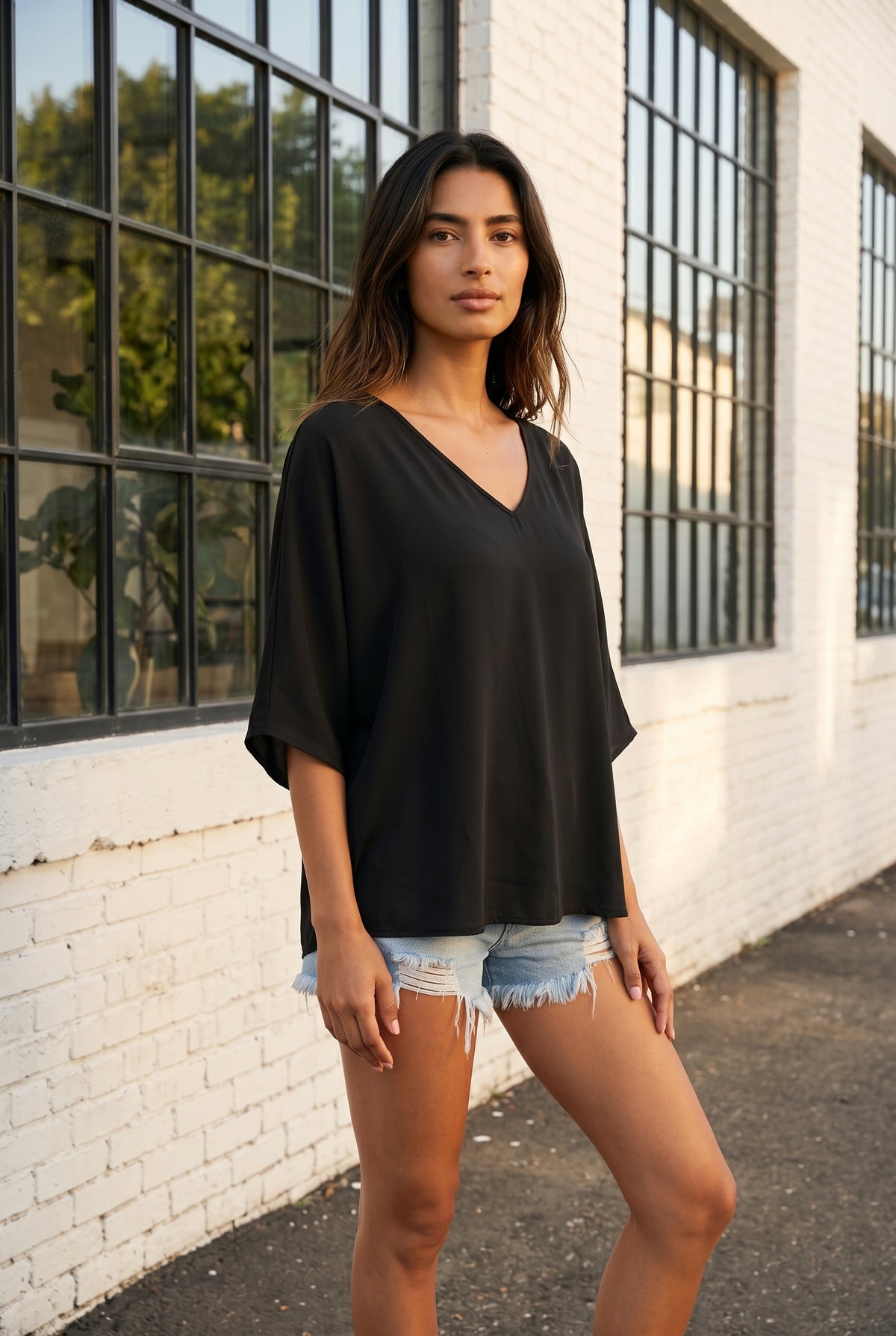 Black V Neck Top with Drop Shoulder Short Sleeves – photo 4