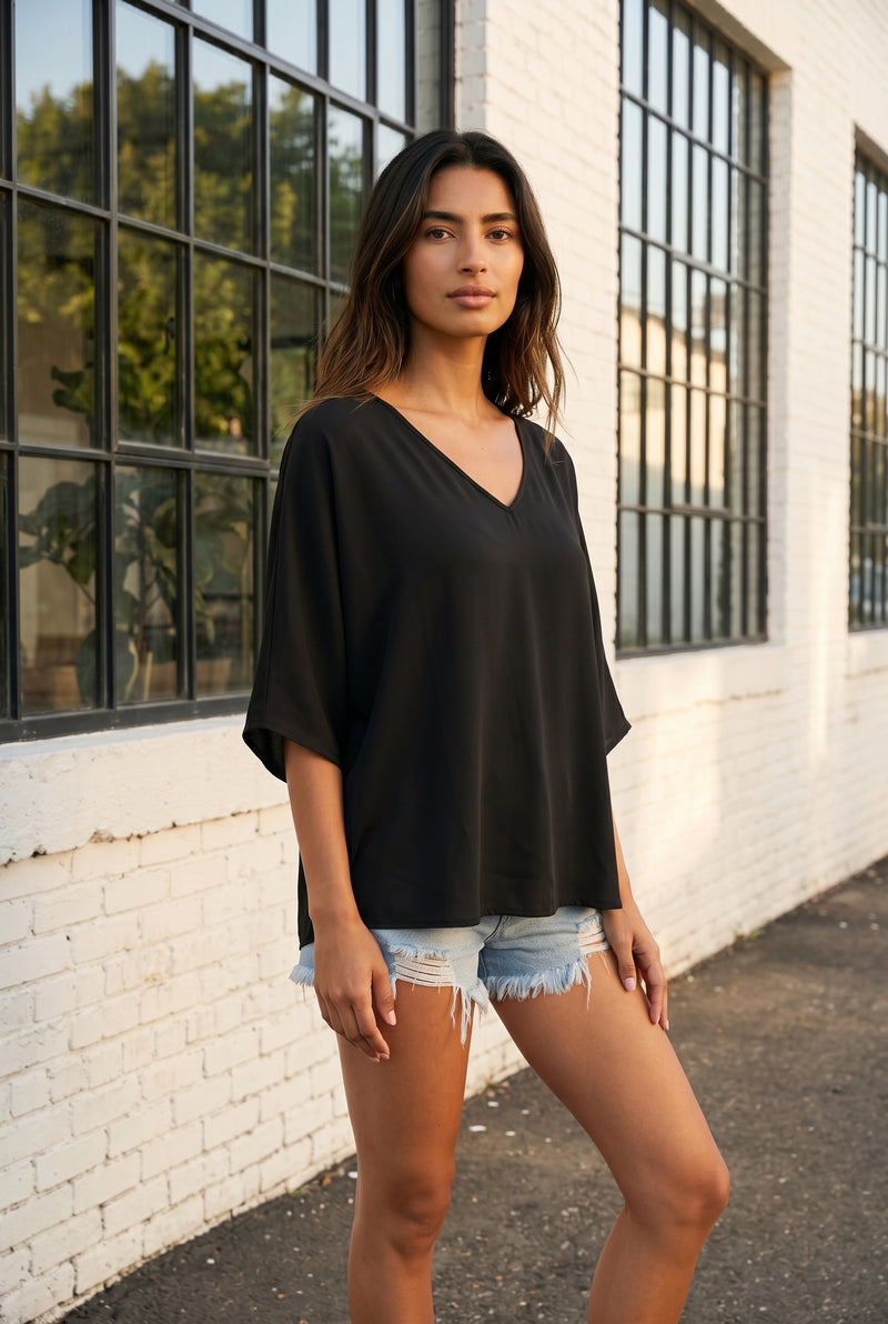 Black V Neck Top with Drop Shoulder Short Sleeves – photo 4
