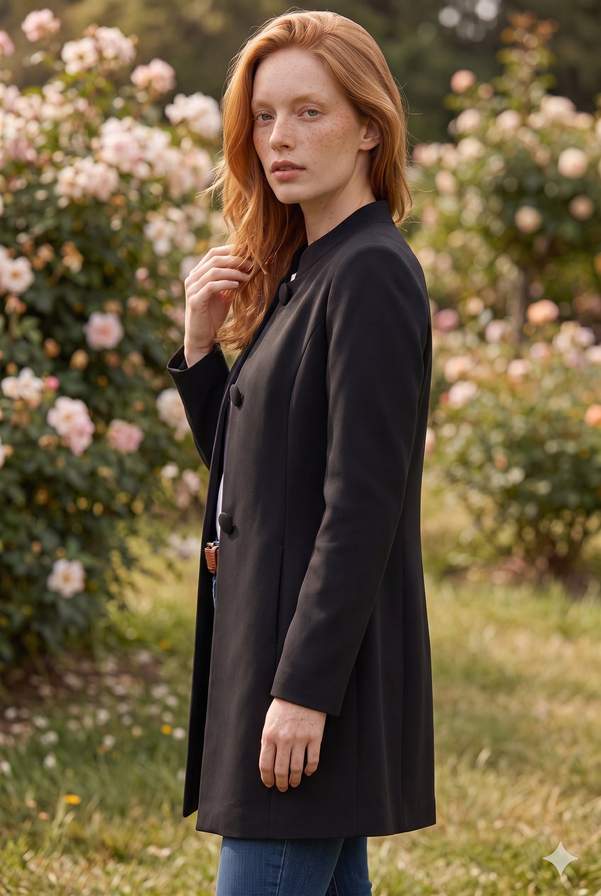 Black Buttoned Coat with Stand Collar – photo 2