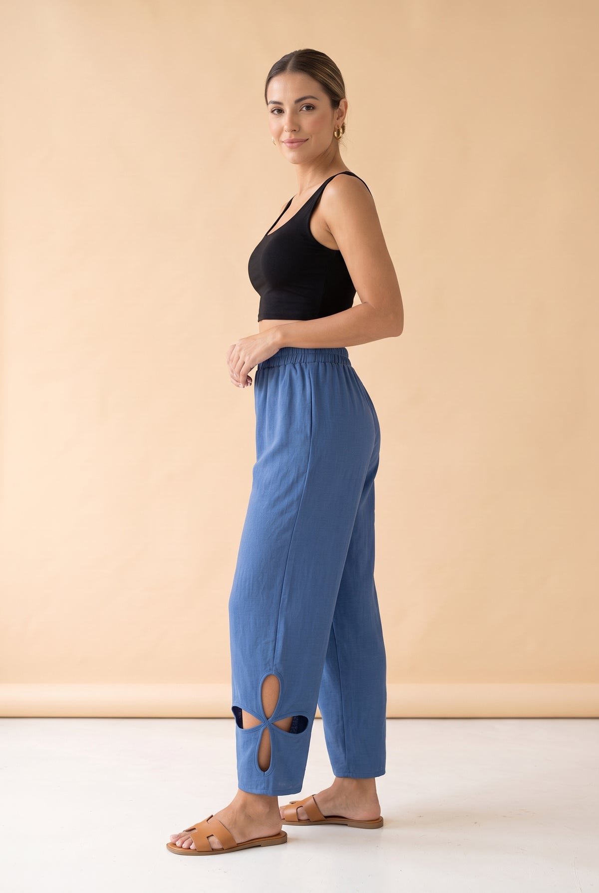 Elasticated Waist Linen Trousers with Cut-Outs in blue – photo 2