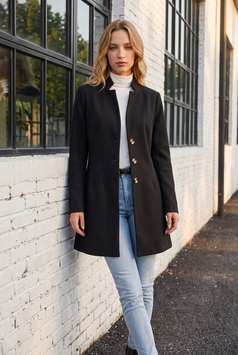 Black Buttoned Coat with Mandarin Collar and Long Sleeves