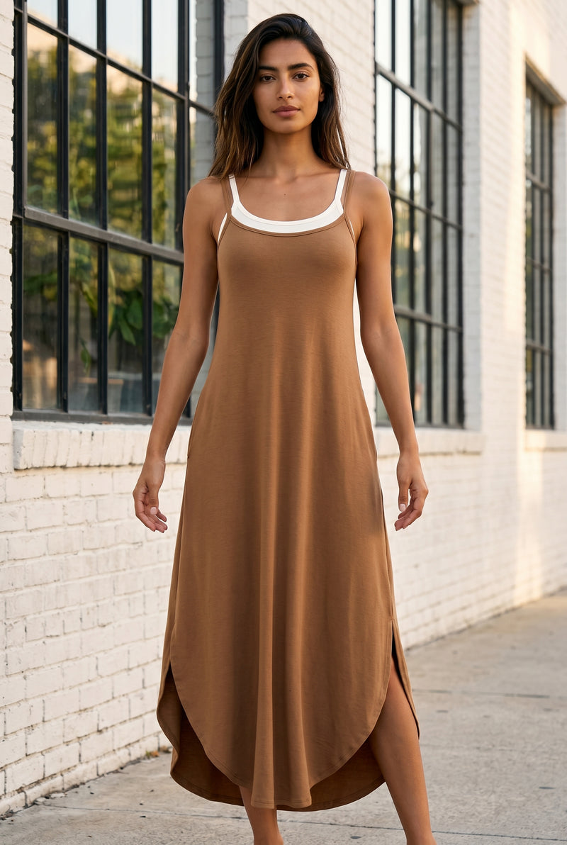 A-Linie Midikleid aus Viskose mit Spaghettiträgern in Cappuccino