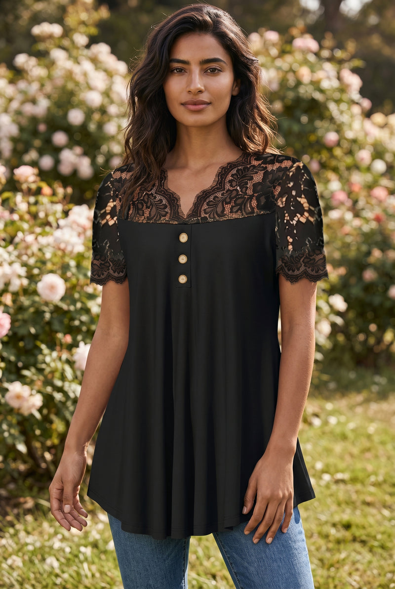 Black Lace Short Sleeve V Neck Top with Buttons – photo 4