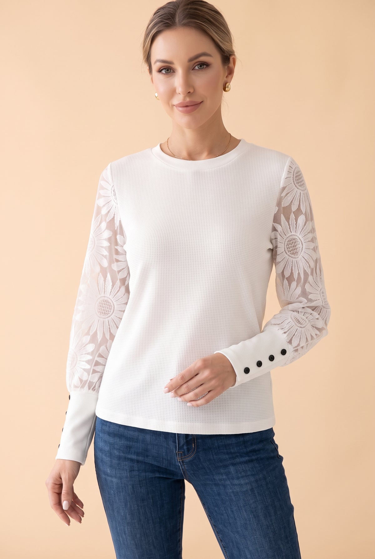 White Lace Long Sleeve Top with Waffle Body – photo 5