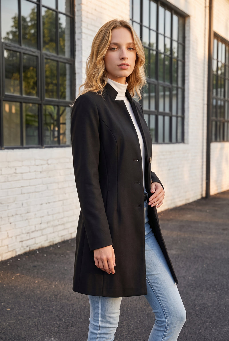 Black Buttoned Coat with Mandarin Collar and Long Sleeves – photo 4