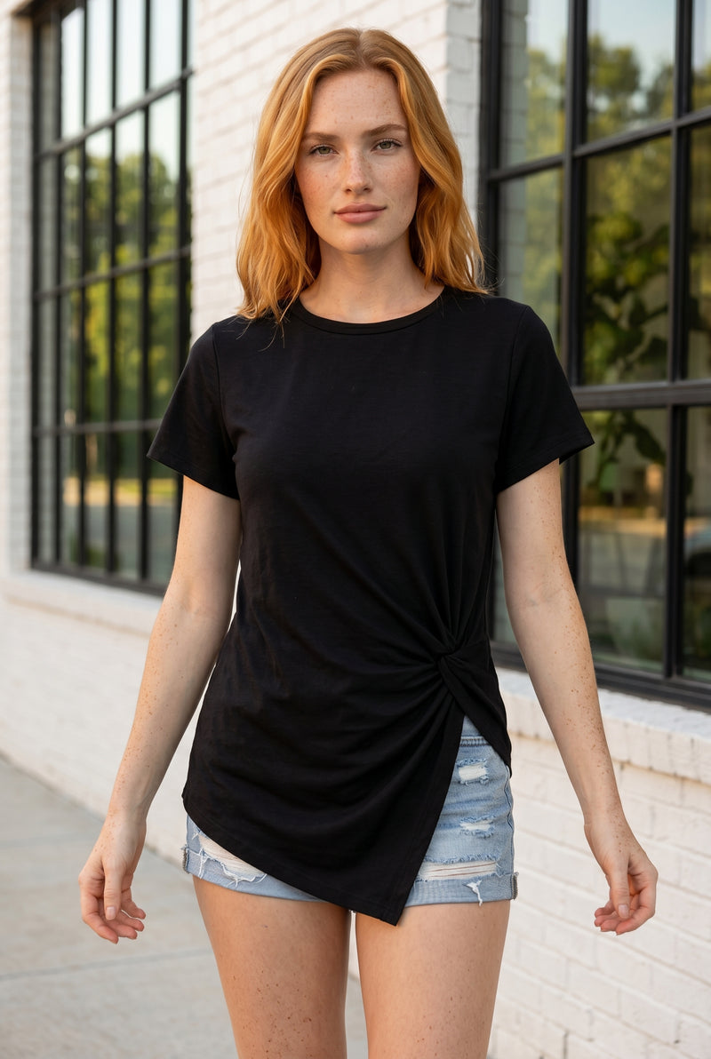 Short Sleeve Asymmetric Top with Twist Detail in black – photo 9