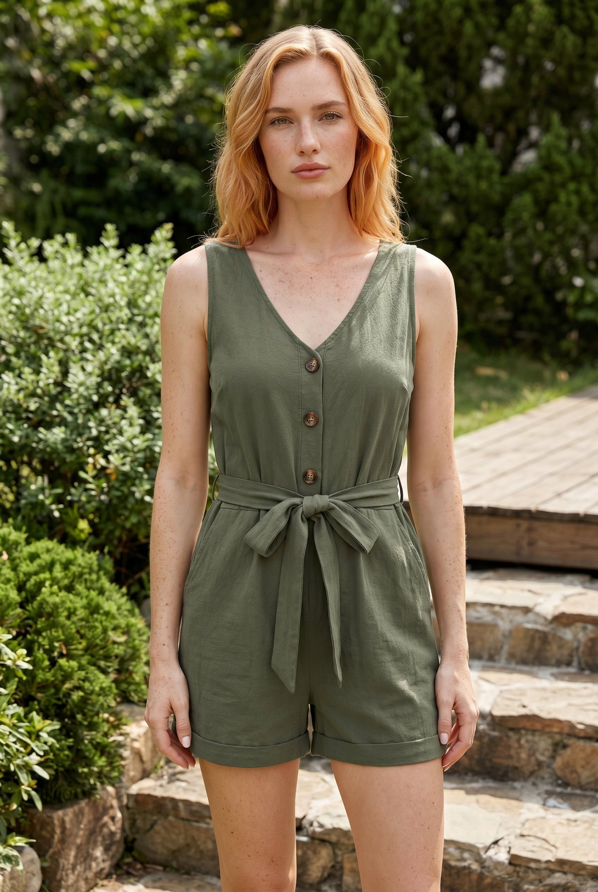 Ärmelloser Kurzer Jumpsuit mit V-Ausschnitt in Khaki – Foto 5