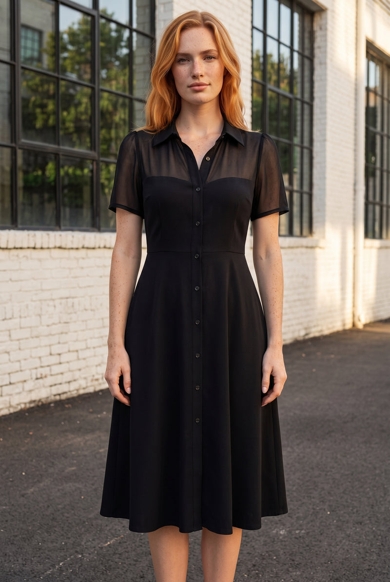 Black Midi Dress with Short Sleeves and Sheer Yoke – photo 5