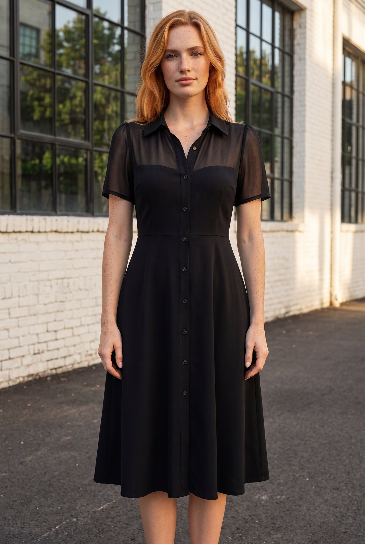 Black Midi Dress with Short Sleeves and Sheer Yoke – photo 5